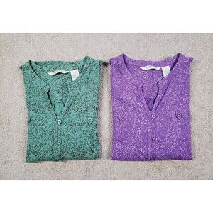 Lot Of 2 Orvis Women's Button Down Crinkle Floral Shirt Blouse Size M Green/Purp